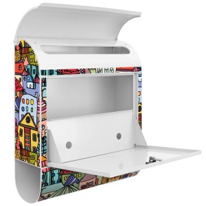 Offener, silberner Banjado Design Briefkasten mit Funky Town Motiv und Zeitungsfach.