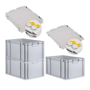 PROREGAL SuperSparSet: 3 graue Euroboxen mit gelben Verschlüssen und Deckel. Aufbewahrungsboxen für Lager und Werkstatt.