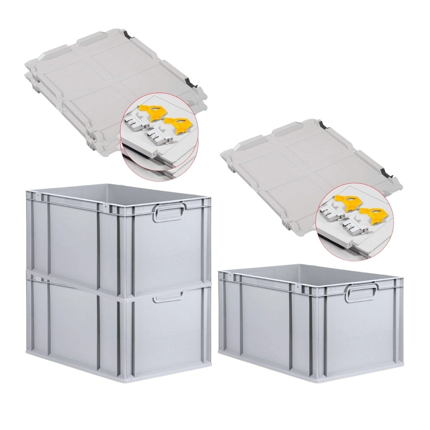 PROREGAL SuperSparSet 3x Eurobox NextGen Grip mit Scharnierdeckel und Gelben Schiebeschnappverschlüssen HxBxT 32 x 40 x ...