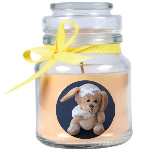 HS Candle Duftkerze Genesung im Glas, gelb, Vanille Duft. Kerze mit Teddy Motiv.