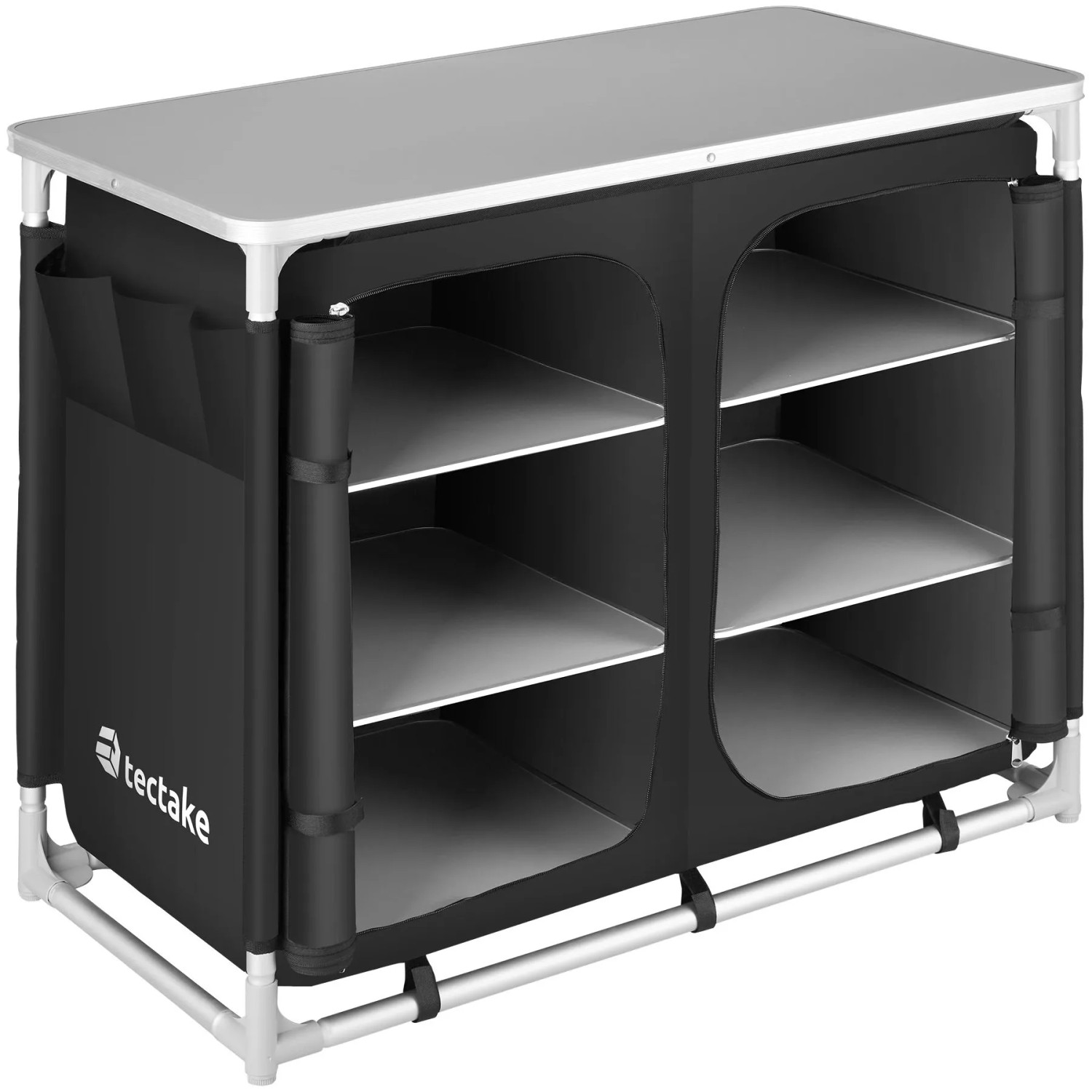 Tectake Campingschrank Deluxe Mit Aluminiumgestell und 6 Fächern  Faltbar Wetterfest  97 x 47 50 x 78 cm Schwarz