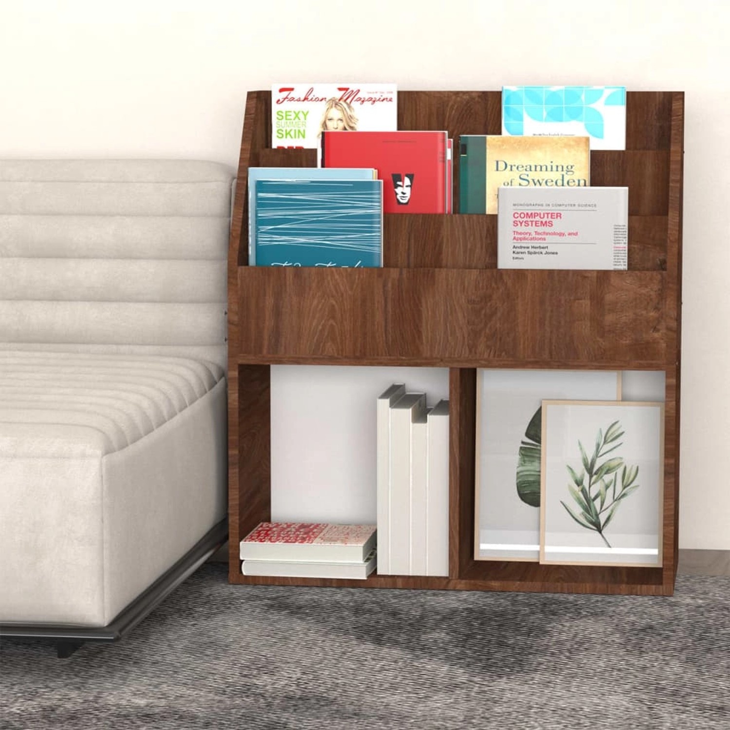 Kinder-Bücherregal in Braun Eiche Optik mit Fächern und Stauraum für Kinderzimmer und Garderobe.