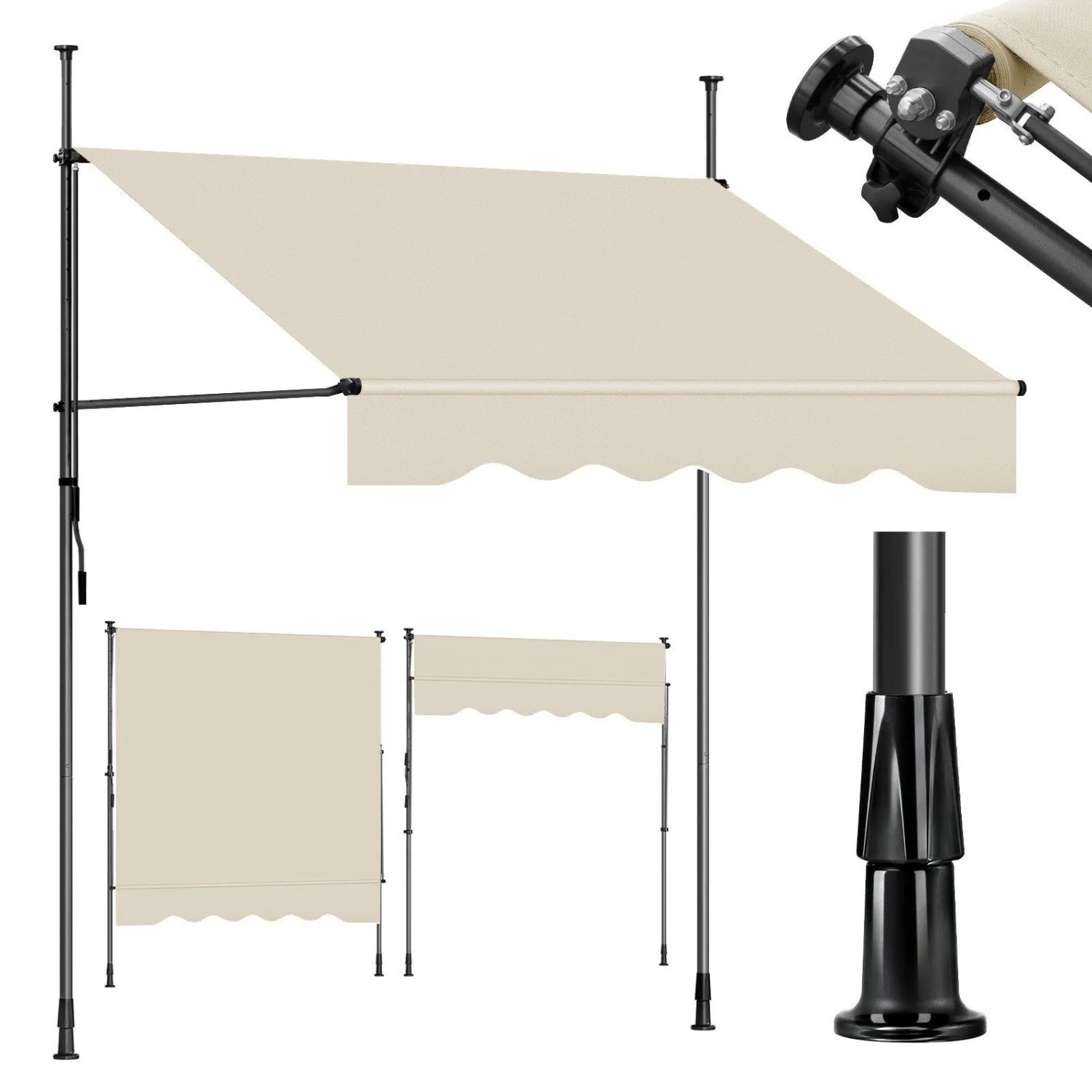 Sekey Klemmmarkise für Balkon mit Kurbel ohne Bohren Sonnenschutz UV-beständig Balkonmarkise 200 x 130 cm Beige