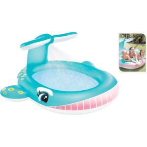 Planschbecken Walfisch 201 cm mit Sprühfunktion für Kinder, türkis mit Wasserdusche.