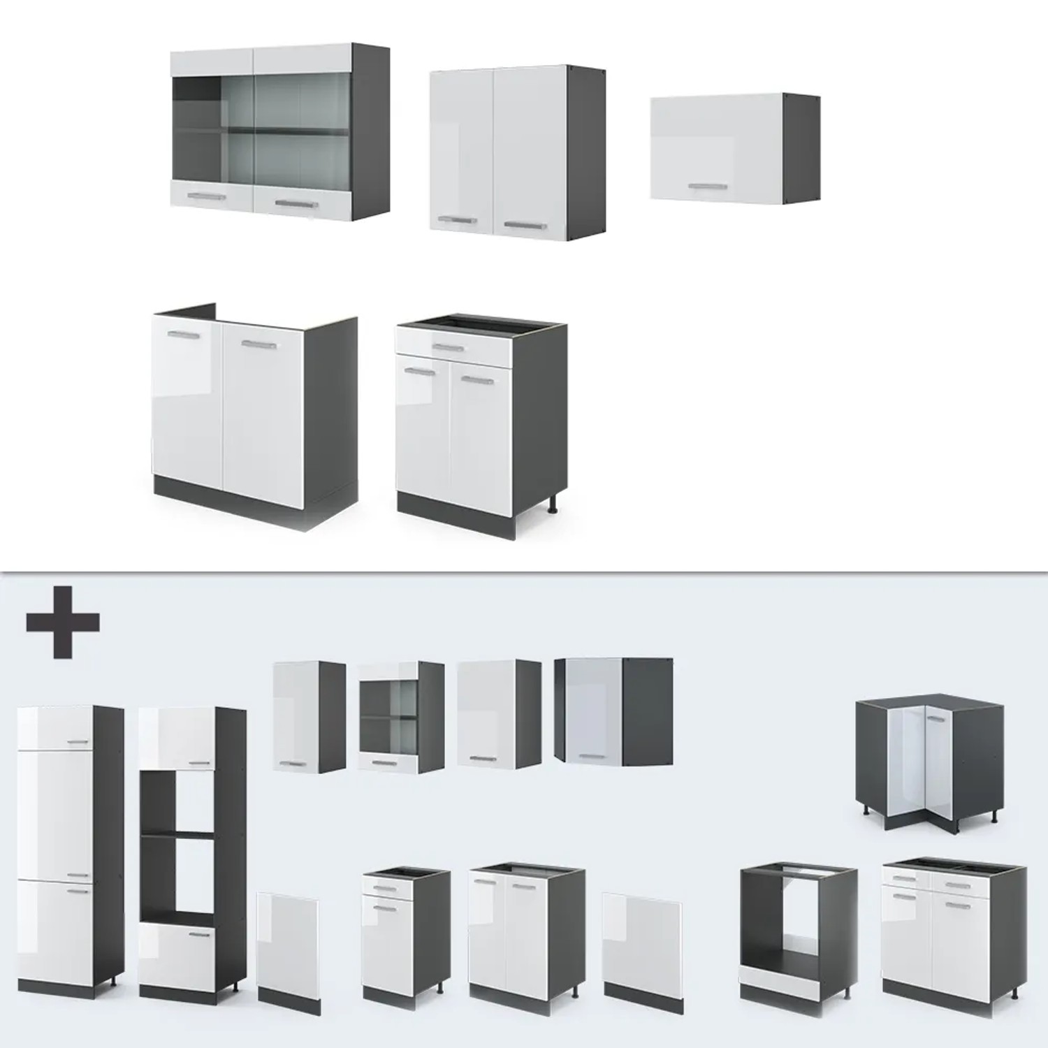Vicco R-Line Küchenzeile, 200 cm, Weiß Hochglanz/Anthrazit, ohne Arbeitsplatte. Modulare Küchenmöbel.
