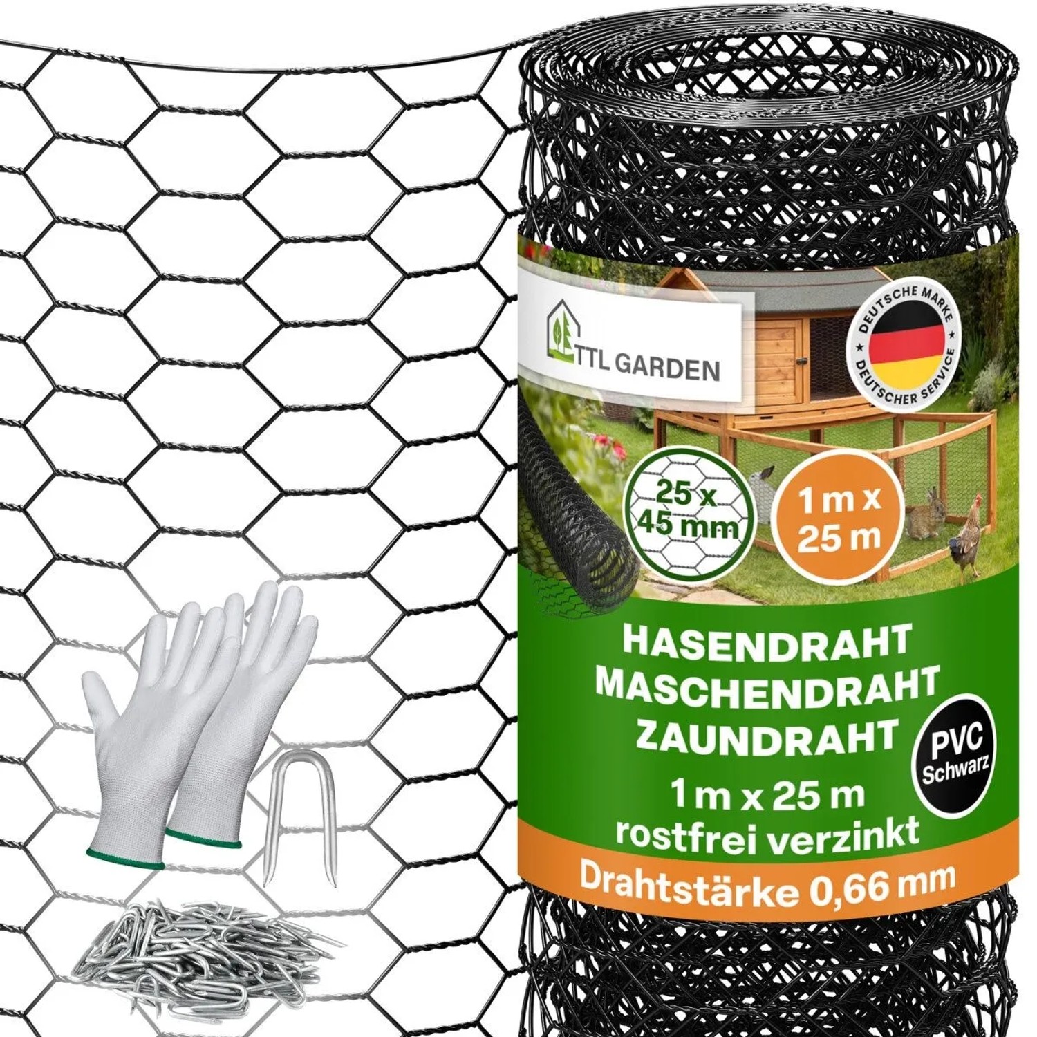 TTL GARDEN Hasendraht Schwarz 1m x 25m 25x45mm Masche Ø0,66mm PVC Beschichtet Drahtgitter mit 100 Krampen & Handschuhen
