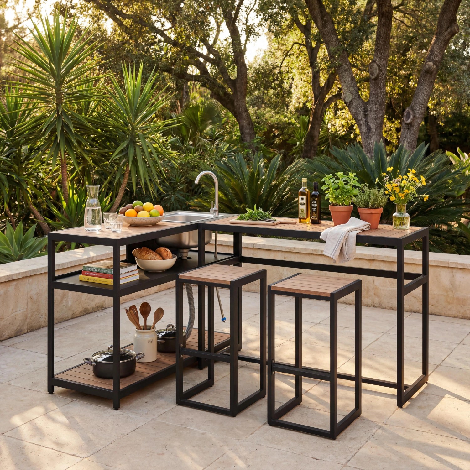 Bessagi Garden Outdoorküche Delia Schwarz /Naturfarben inkl. Abdeckung