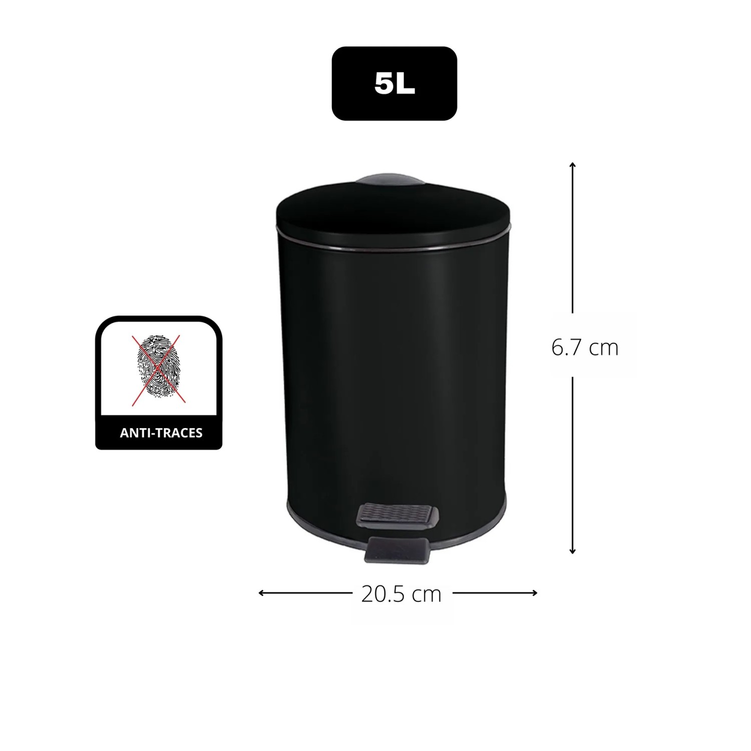 Mattschwarzer Spirella Kosmetikeimer Adelar, 5 Liter, mit Pedal und Anti-Fingerprint-Beschichtung.
