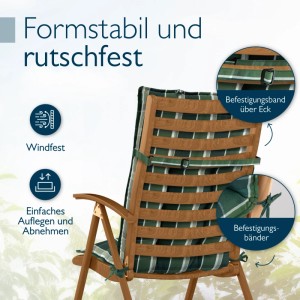 Grüne, karierte Beautissu Hochlehner Auflage auf Gartenstuhl, mit Befestigungsbändern für stabilen, rutschfesten Halt.