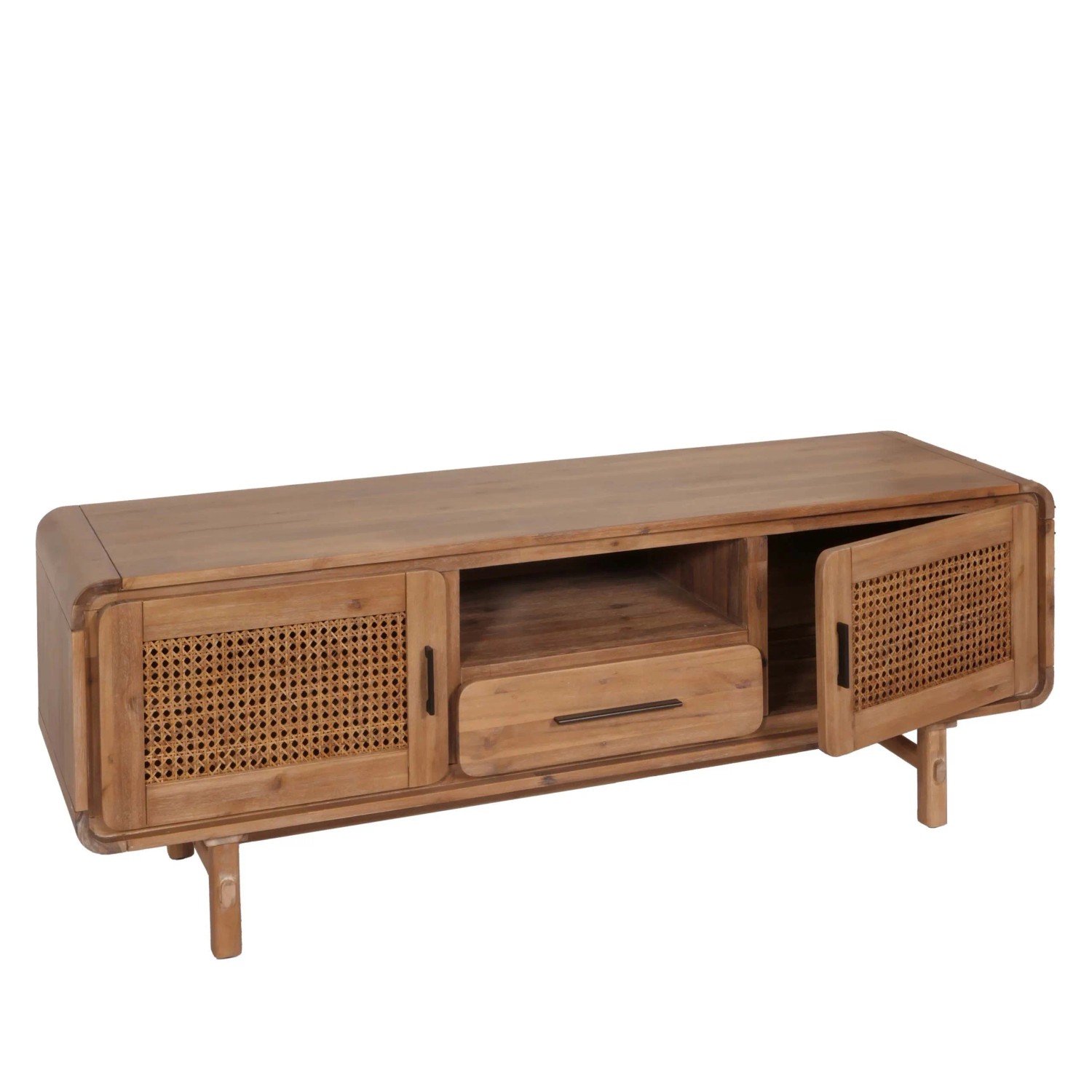MCW TV-Rack M47 Rattan Akazie Massiv-Holz Gebeizt 160cm 32kg