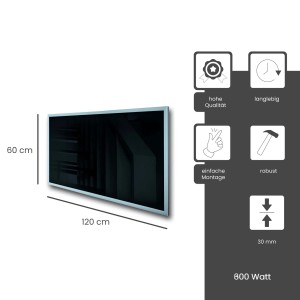 Schwarze Fenix Infrarotheizung ECOSUN Glasheizung 600W mit Alurahmen, Maße 120x60x3cm.