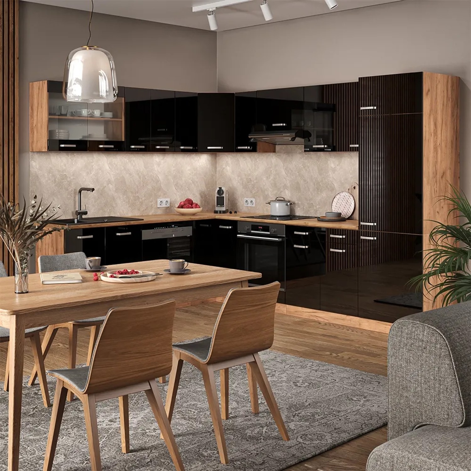 Vicco R-Line Eckküche in Schwarz Hochglanz/Goldkraft Eiche mit anthrazitfarbener Arbeitsplatte.