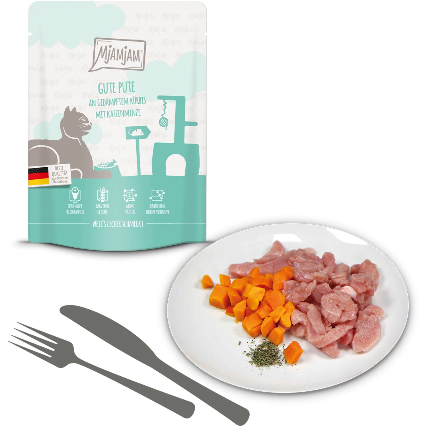 MjAMjAM Katzen-Nassfutter Gute Pute mit Kürbis, servierfertig auf Teller angerichtet.