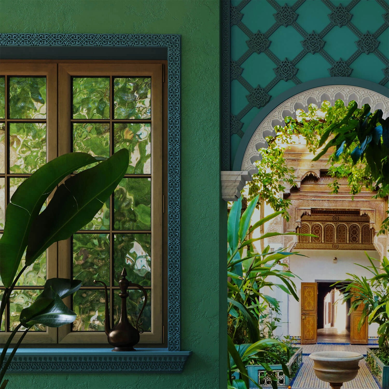 Szene mit PROFHOME Wandleisten im marokkanischen Stil, weiße Friesleisten um Fenster und Durchgang.