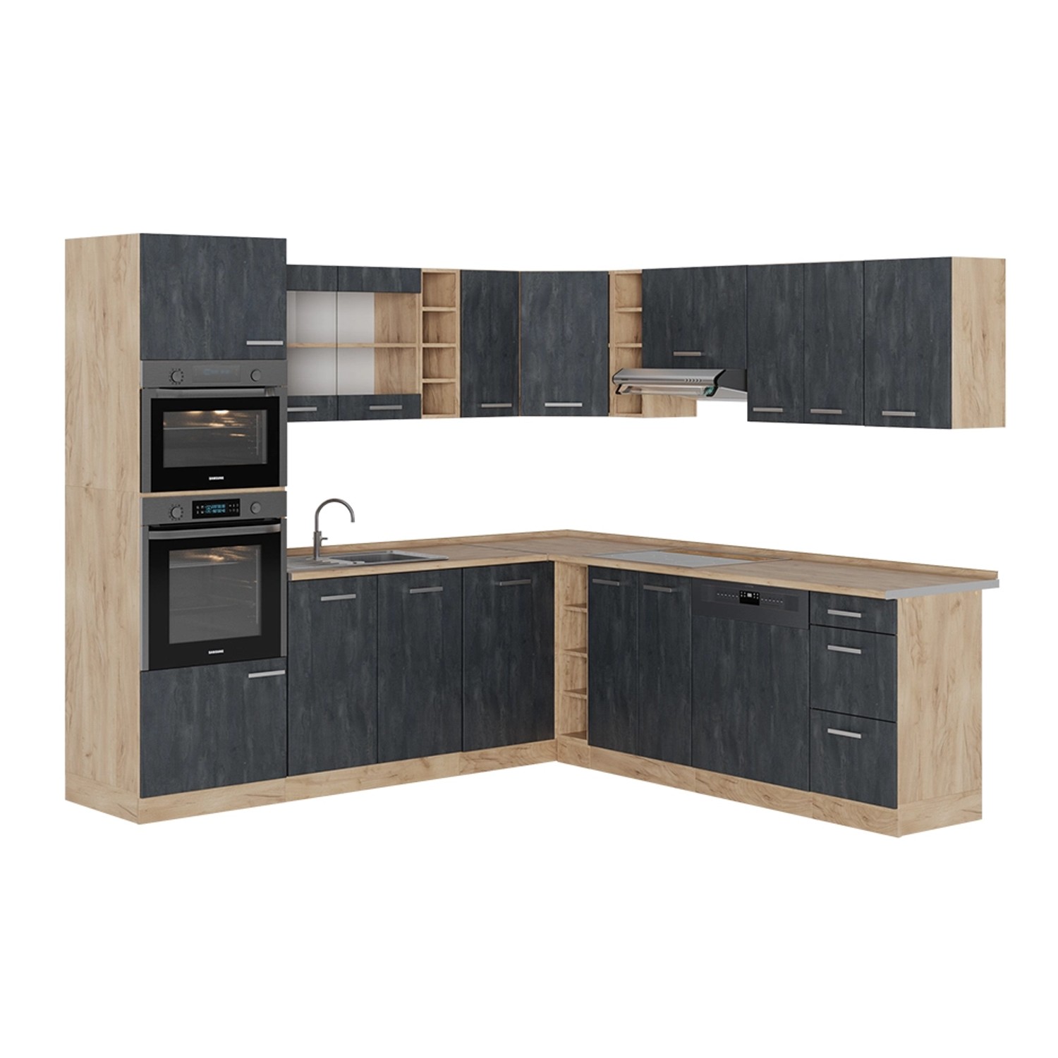 Vicco R-Line Einbauküche in L-Form Schwarz Beton/Goldkraft Eiche 237 x 247 günstig online kaufen