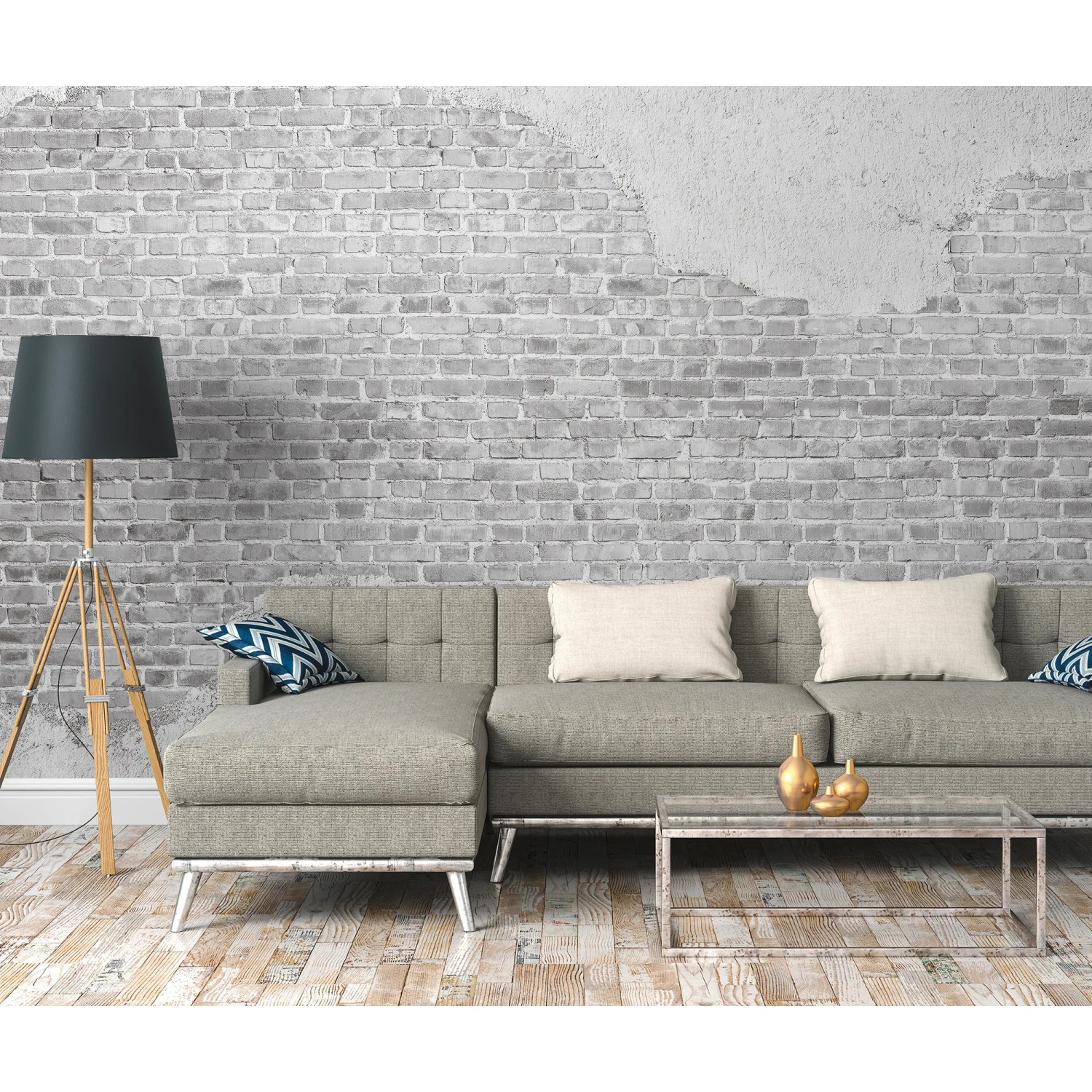 Fototapete Steinwand Klinker Putz Industrial Weiß im Wohnraum mit Sofa und Lampe.