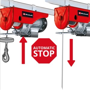 Einhell TC-EH 250 Seilhebezug mit Lasthaken und rotem "Automatic Stop" Zeichen.
