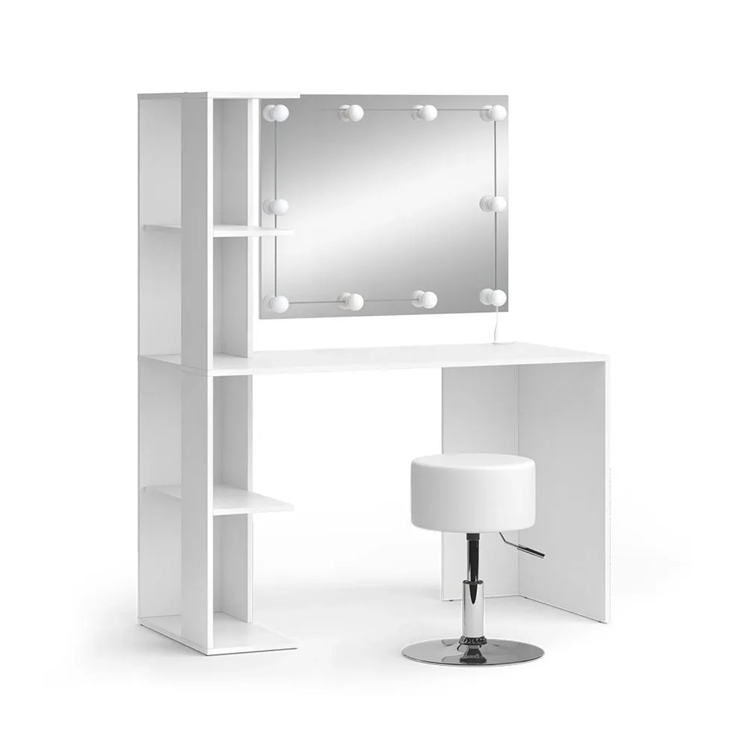 Vicco Schminktisch Tower Weiß 122 x 150 mit Spiegel, LED-Lichterkette und Hocker