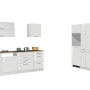 Moderne, weiße Küchenzeile Mailand, 390 cm, ohne E-Geräte. Hochglanz-Optik, mit Hänge- und Unterschränken.