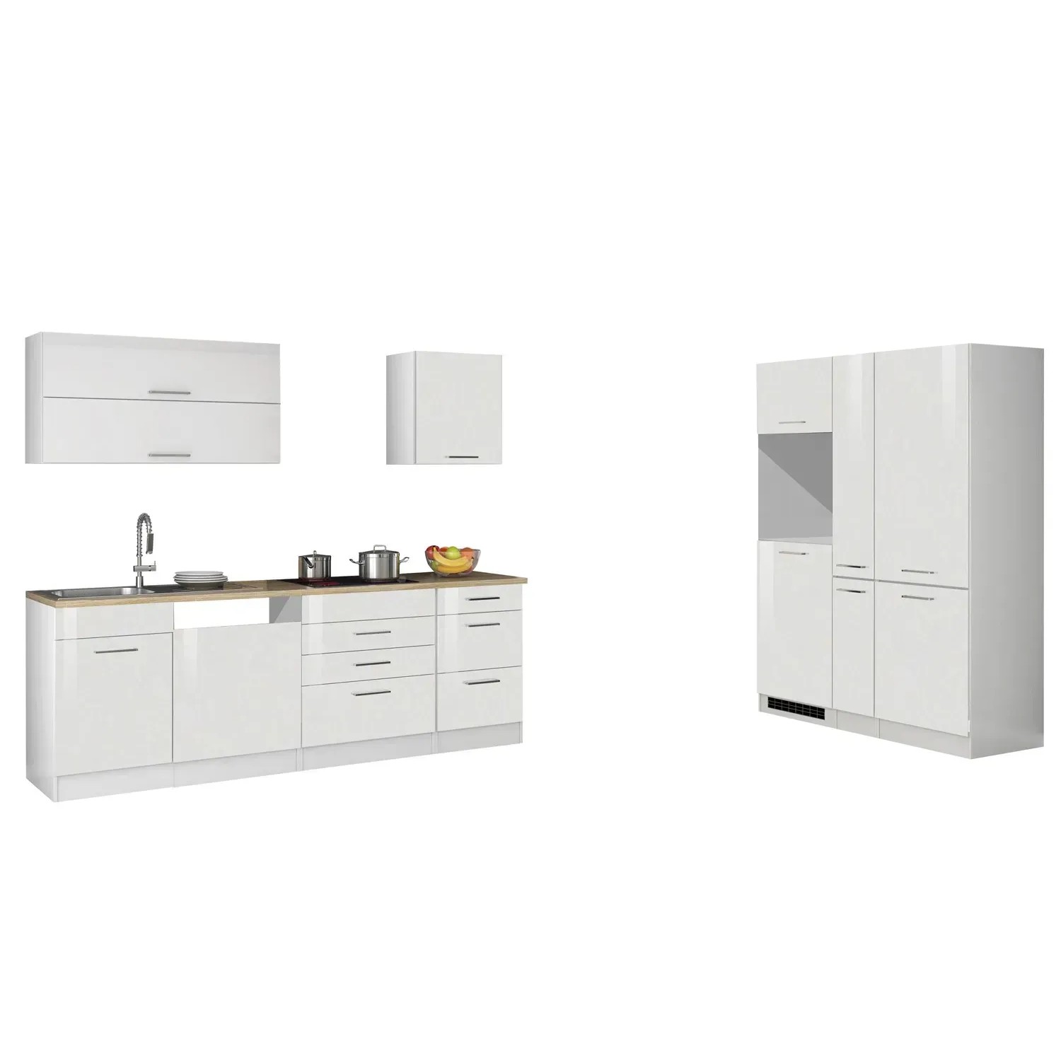 Moderne, weiße Küchenzeile Mailand, 390 cm, ohne E-Geräte. Hochglanz-Optik, mit Hänge- und Unterschränken.