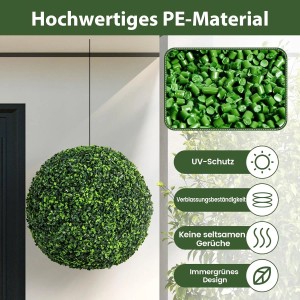 Dunkelgrüne künstliche Buchsbaumkugel (48 cm) aus PE-Material mit UV-Schutz und immergrünem Design für Garten & Haus.