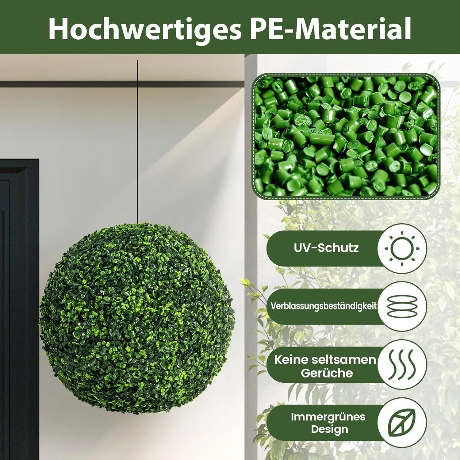 Dunkelgrüne künstliche Buchsbaumkugel (48 cm) aus PE-Material mit UV-Schutz und immergrünem Design für Garten & Haus.