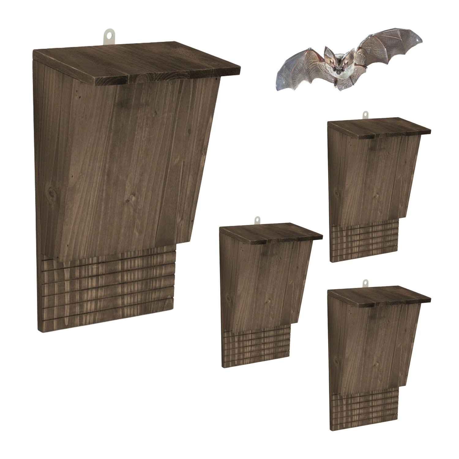 Relaxdays Fledermauskasten 4er Set Tannenholz Metall Braun mit Haken 34 x 22,5 x 12,5 cm 0,7 kg