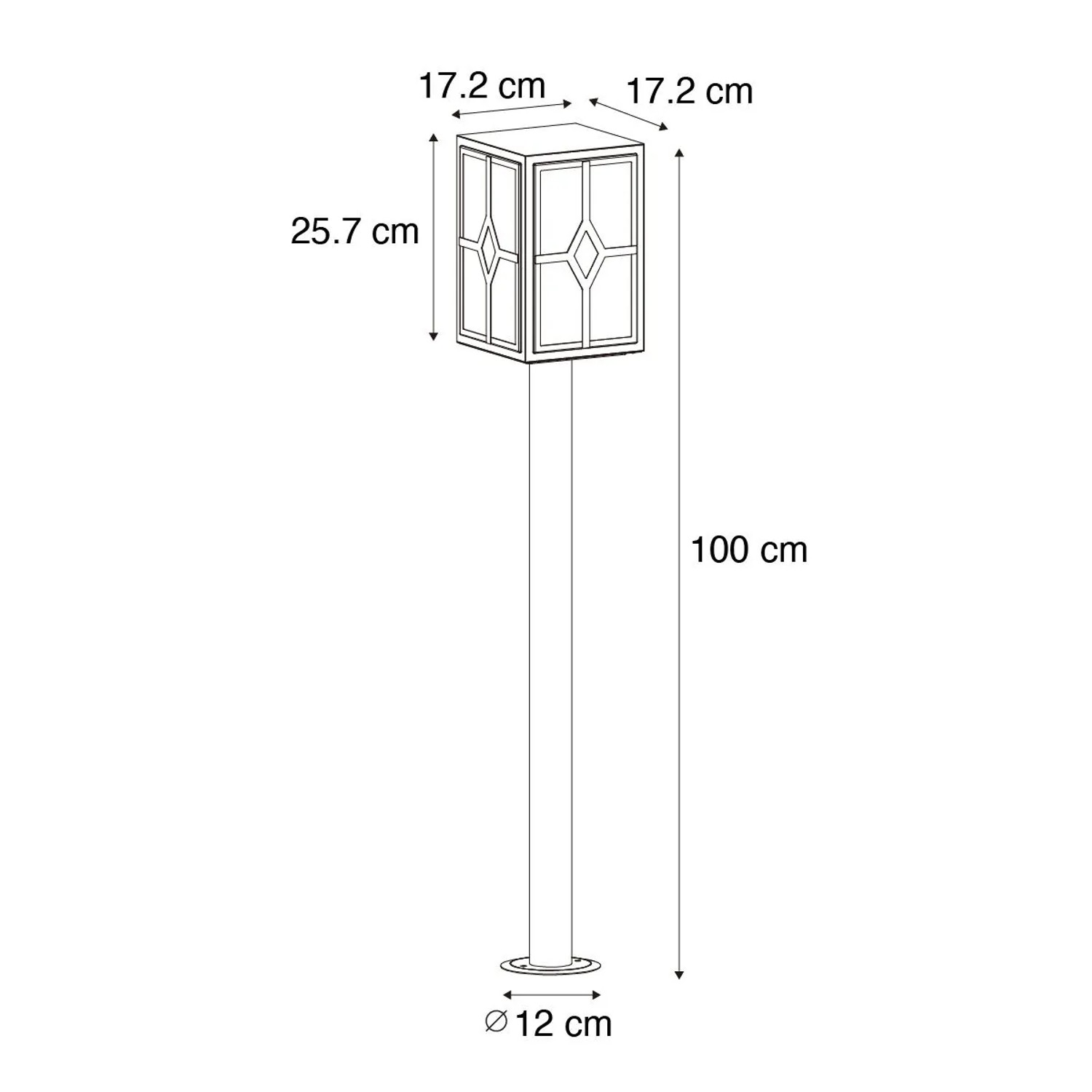 Skizze der schwarzen QAZQA Dover Stehleuchte für den Außenbereich, 100 cm hoch, mit Maßangaben.