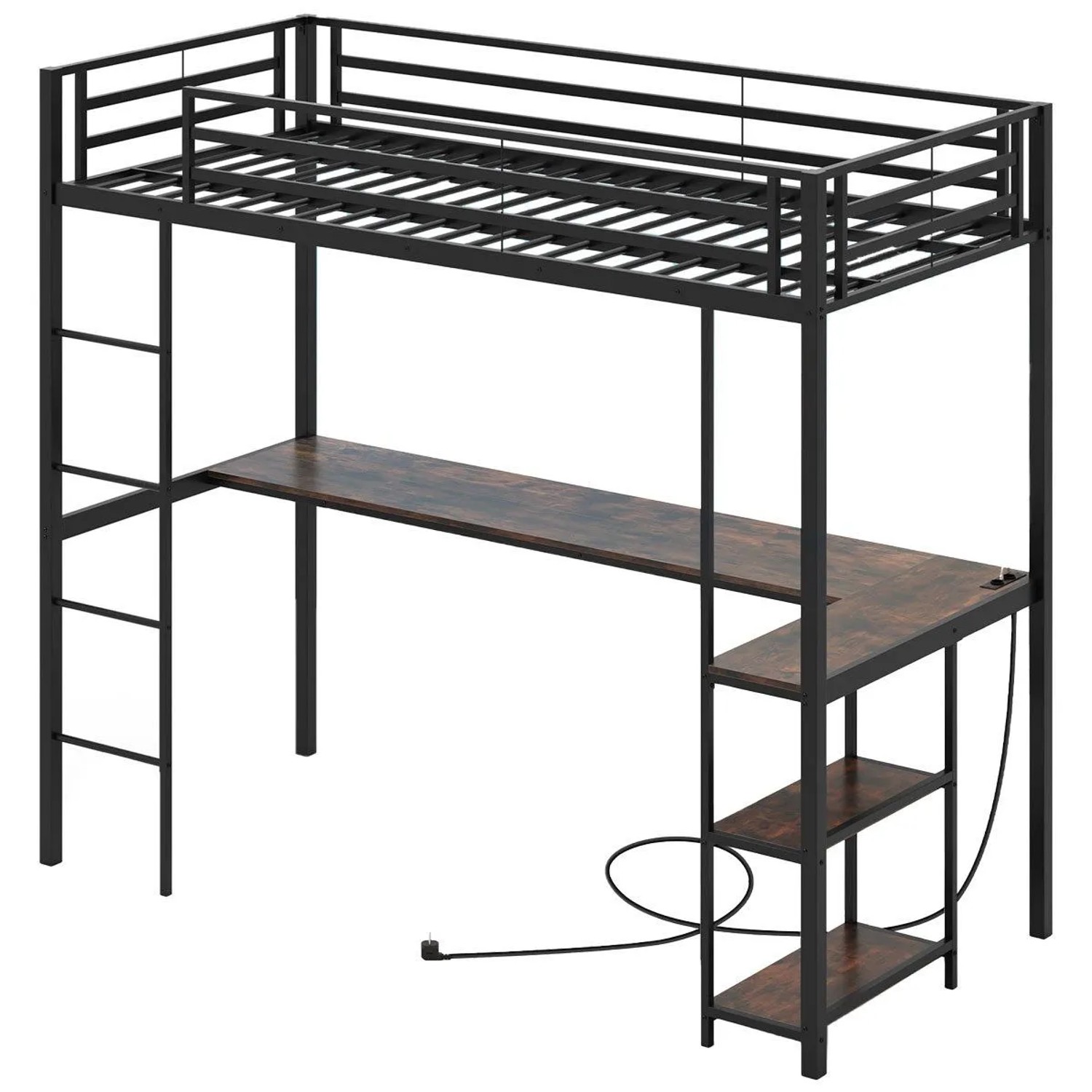 Costway Hochbett mit Schreibtisch Ladestation 90 x 200 cm Schwarz