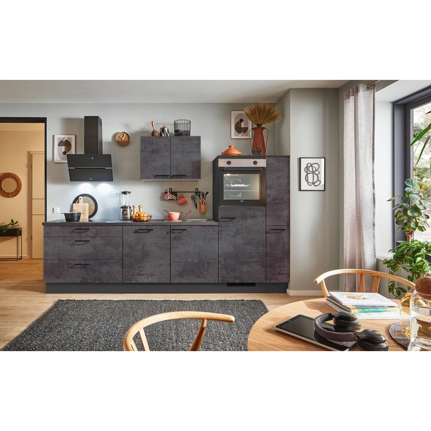 pino Küchenzeile 310cm Beton Grafitgrau Anschlag R 1 Geräte-, 1Apothekerschrank