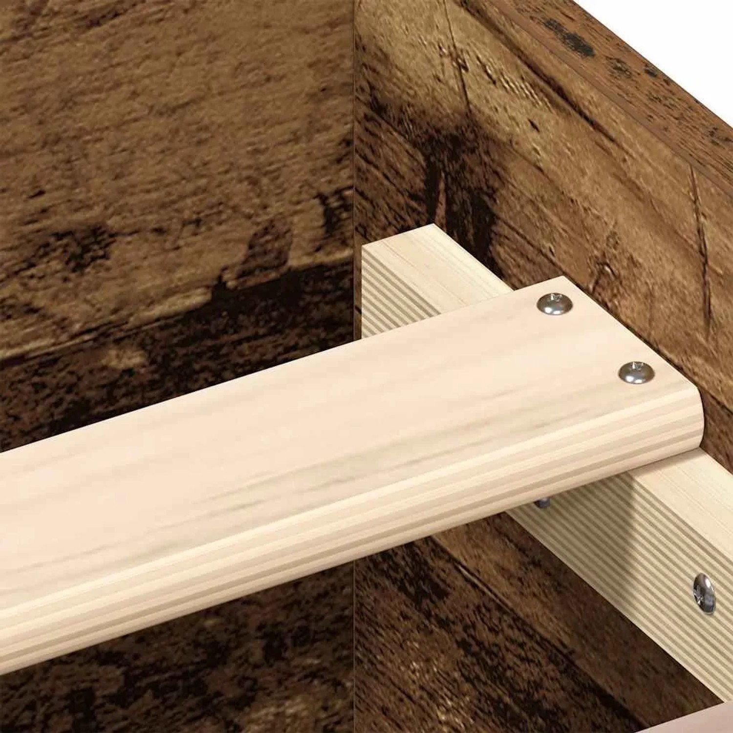 Detail des vidaXL Bettgestells: Helle Sperrholzlatten befestigt an dunklem Holzwerkstoff in Altholz-Optik.