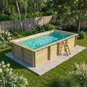 Rechteckiger ALTANKA Holzpool Aqua, 7x3,75 m, sandfarben, mit Leiter im Garten.