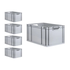 PROREGAL SuperSparSet: 5 graue Euroboxen mit Scharnierdeckel und blauen Verschlüssen.
