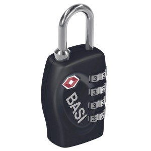 Schwarzes Basi TSA Kofferschloss mit Stahlbügel und Zahlencode für Reisegepäck.