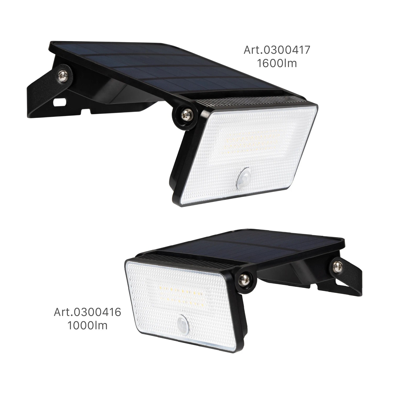 Zwei schwarze LED Solar-Wandleuchten mit Sensor, unterschiedliche Lumenleistung.