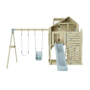 PolarPlay Babyschaukel Lasse eisblau mit Rutsche, Kletterwand und Spielhaus aus Holz.