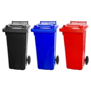 PROREGAL Mülltonnen SuperSparSet: 3x 120L Tonnen in Grau/Schwarz, Blau und Rot aus HDPE-Kunststoff.