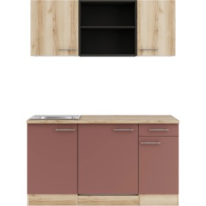OPTIFIT Miniküche in Wildeiche/Rostrot, 150 cm breit, mit Spüle und Kühlschrank.