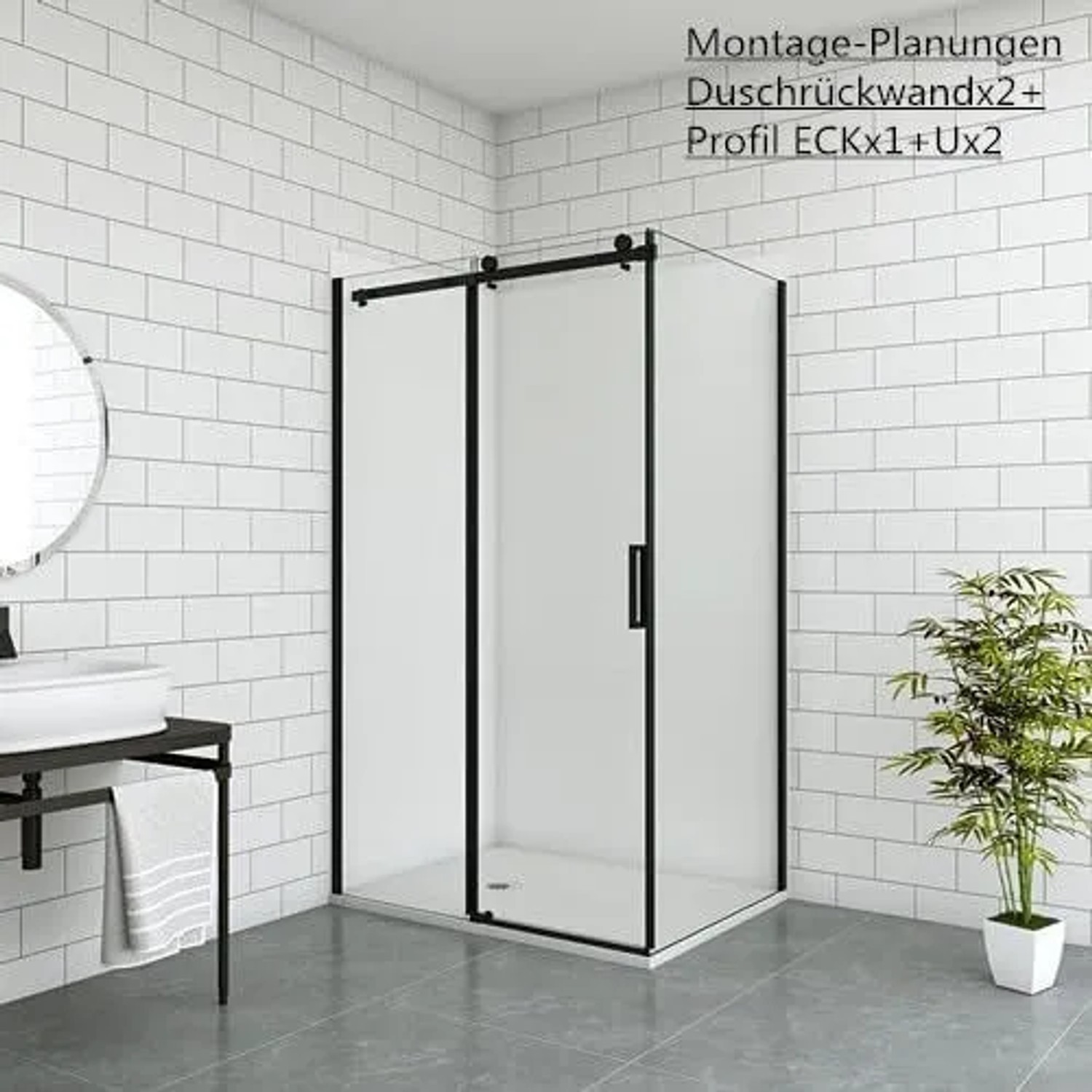 Begehbare Dusche mit weißer Duschwand und schwarzem Rahmen im Badezimmer.