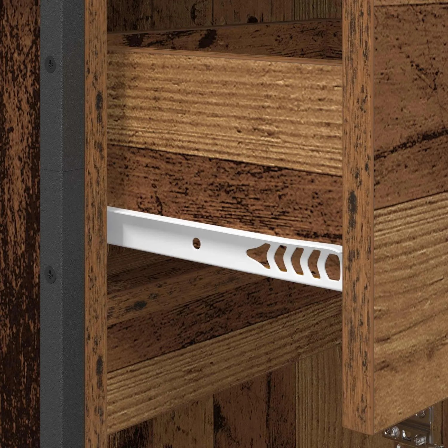 Nahaufnahme vidaXL Badschrank Altholz: Holzwerkstoff-Oberfläche mit weißer Schubladenschiene.
