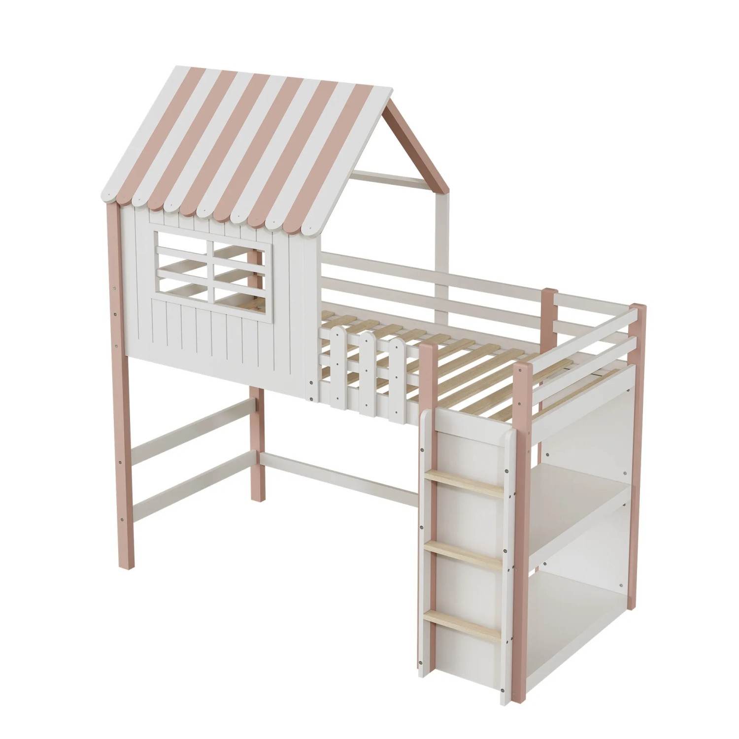 KOMHTOM Kinderbett 90x200Cm Hochbett Mit Sicherheitsleiter Ablagefach Und Lattenrost Heimbett Dachfürm Massivholzbett Rosa Ohne Matratze