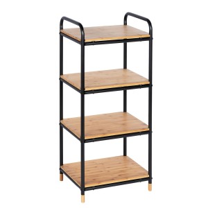 Wenko Regal Loft Bambus mit 4 braunen Etagen und schwarzem Metallrahmen.
