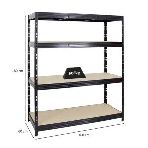 Schwarzes PROREGAL Schwerlastregal Rhino mit 4 Spanplatten-Ebenen, Fachlast 500 kg, 180x160x60 cm.