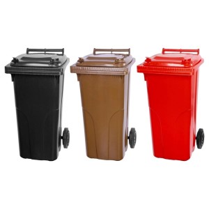 PROREGAL Mülltonnen SuperSparSet, 3x 120L, grau, braun, rot. Kunststoff Mülleimer mit Rädern.