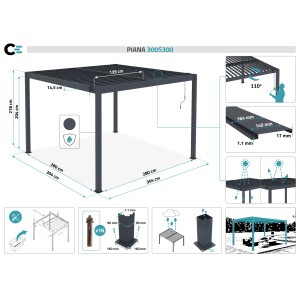 Cazeboo Piana Bioklimatische Pergola 3x3m aus grauem Aluminium, Maße und Details.
