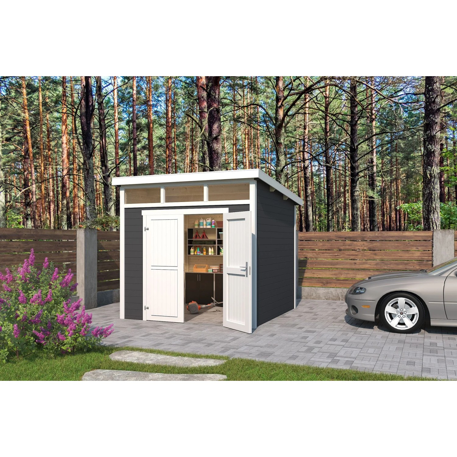 Lasita Holz-Gartenhaus Kibo 3 Flachdach Carbongrau Lasiert 250 cm x 250 cm