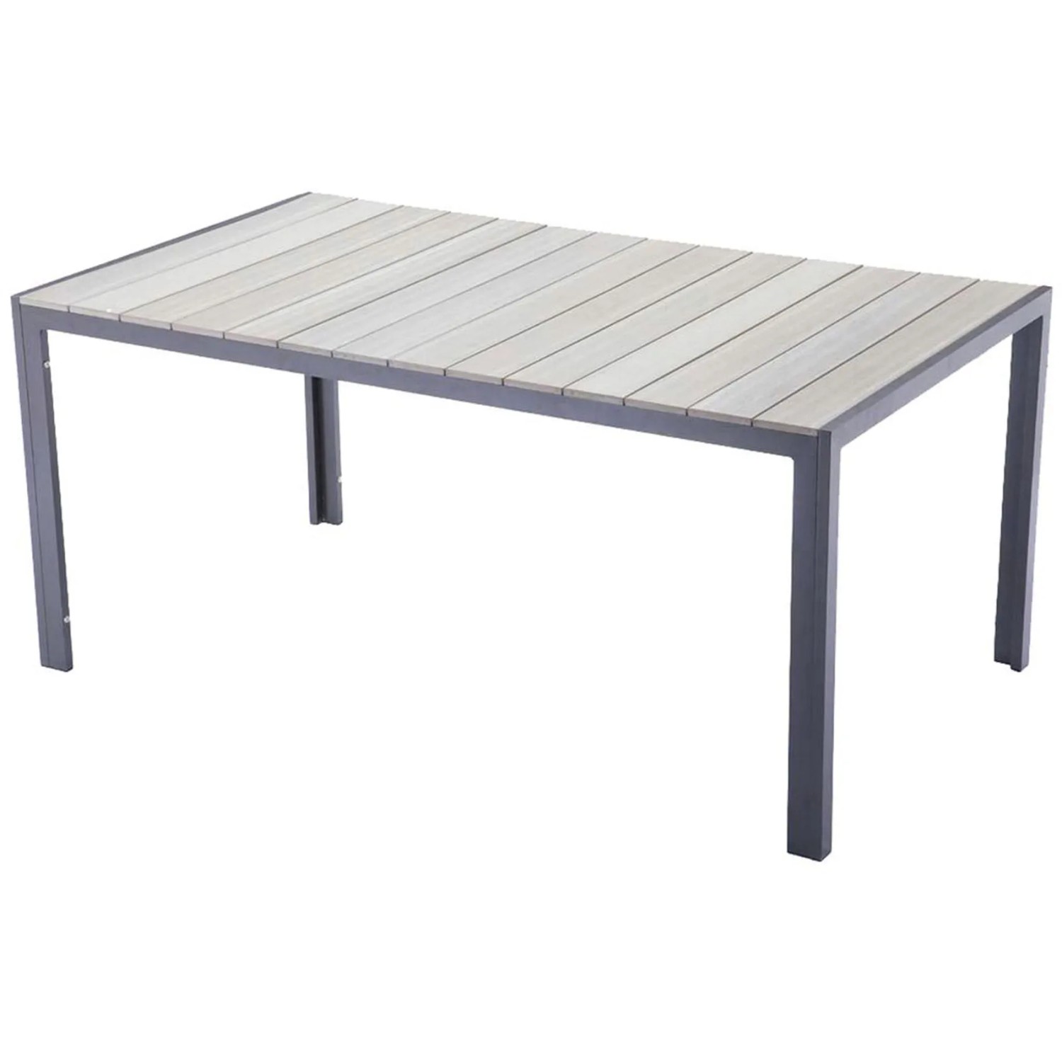 Graue 5-teilige Sitzgruppe Olivia: Tisch mit Nonwood-Lattung und Aluminiumgestell.