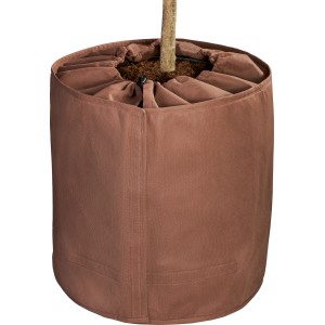 Brauner Thermo-Topfschutz (40 cm) für Pflanzen im Garten, mit Zugband und Klettverschluss.