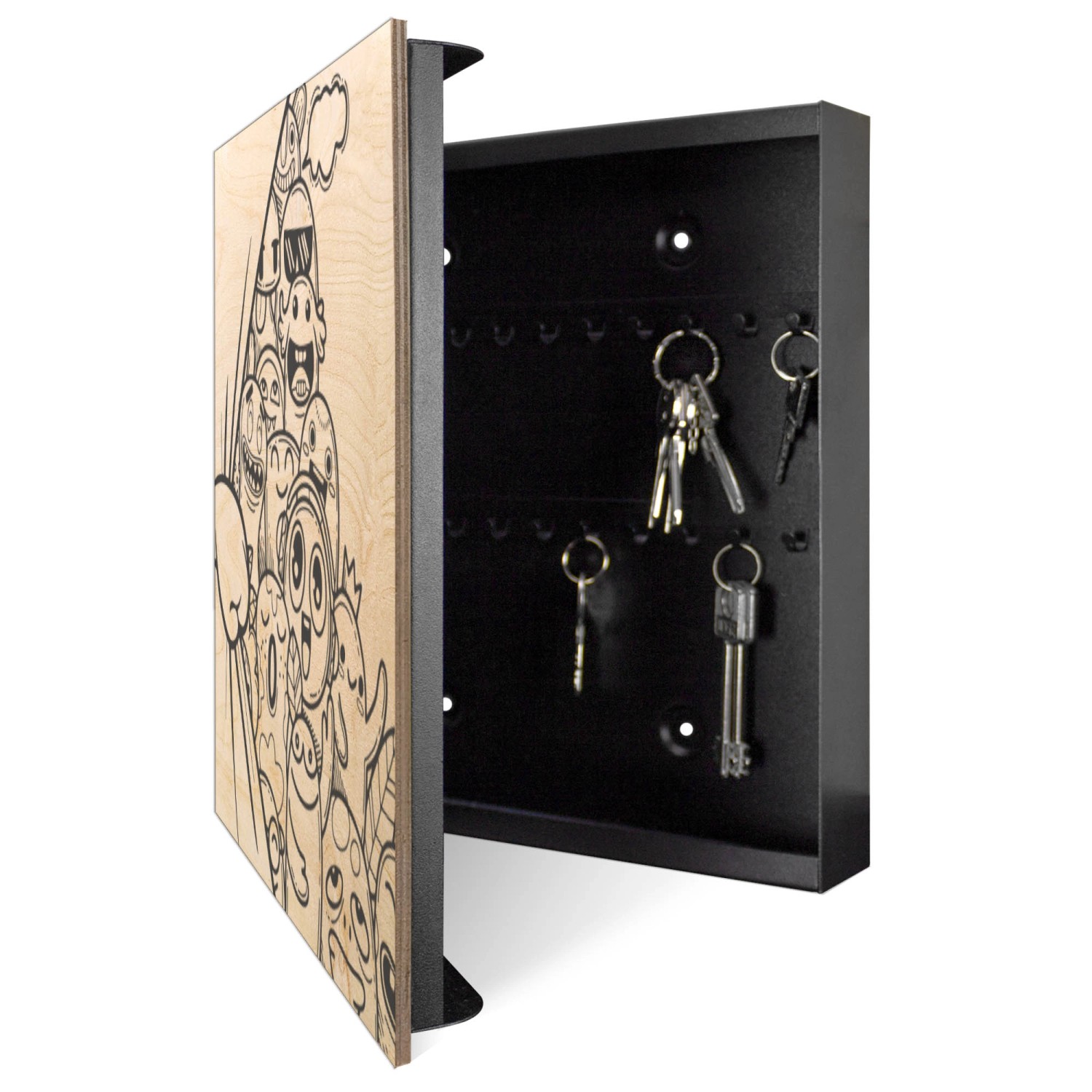 Offener Banjado Schlüsselkasten aus Holz, 30x30cm, mit Monsterparty Motiv und 50 Haken zur Schlüsselaufbewahrung.