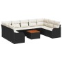 Schwarzes 10-tlg. vidaXL Garten-Sofa-Set aus Poly Rattan mit Tisch und cremefarbenen Polstern.